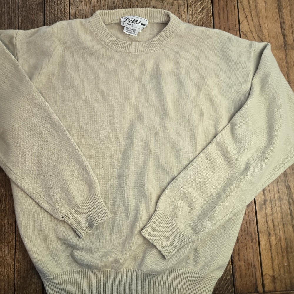 Saks Fifth Avenue Tan Beige 100% Cashmere round neck sweater ladies XL X-Large
